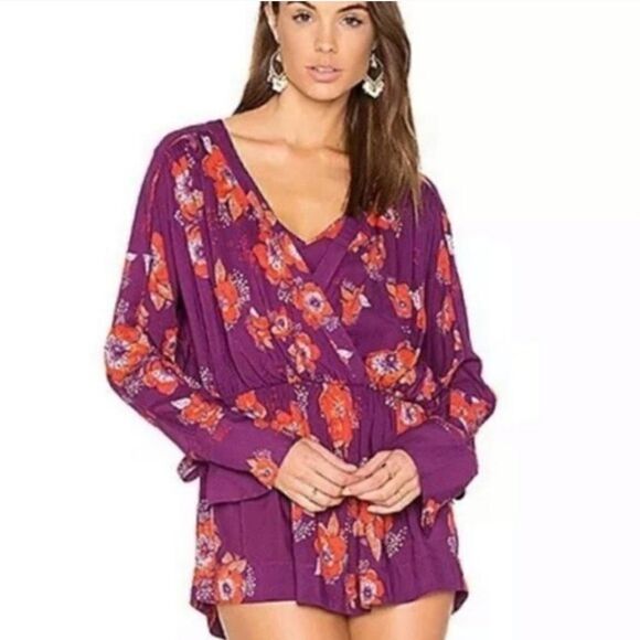 FREE PEOPLE Tuscan Dreams Printed Tunic  Purple - Size Small - Picture 1 of 7